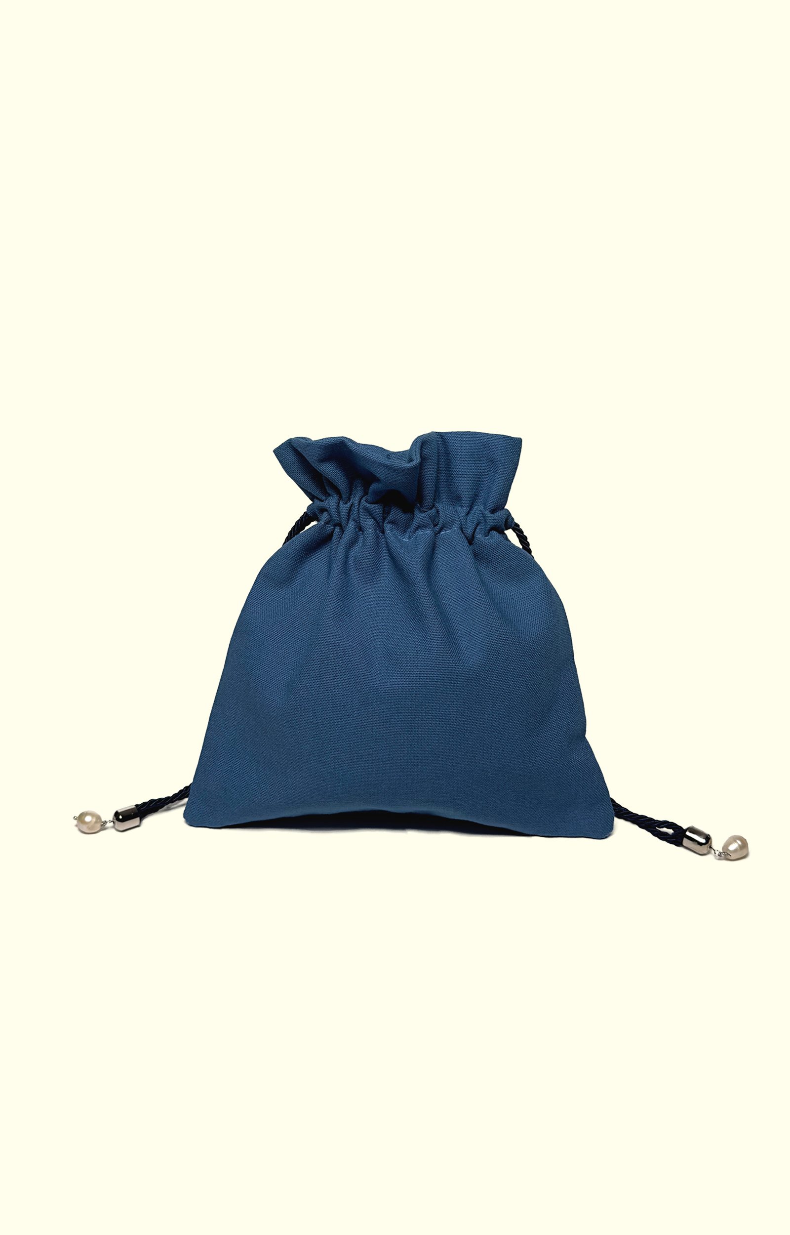 Blue drawstring bag on a white background