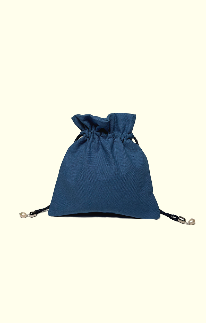 Blue drawstring bag on a white background