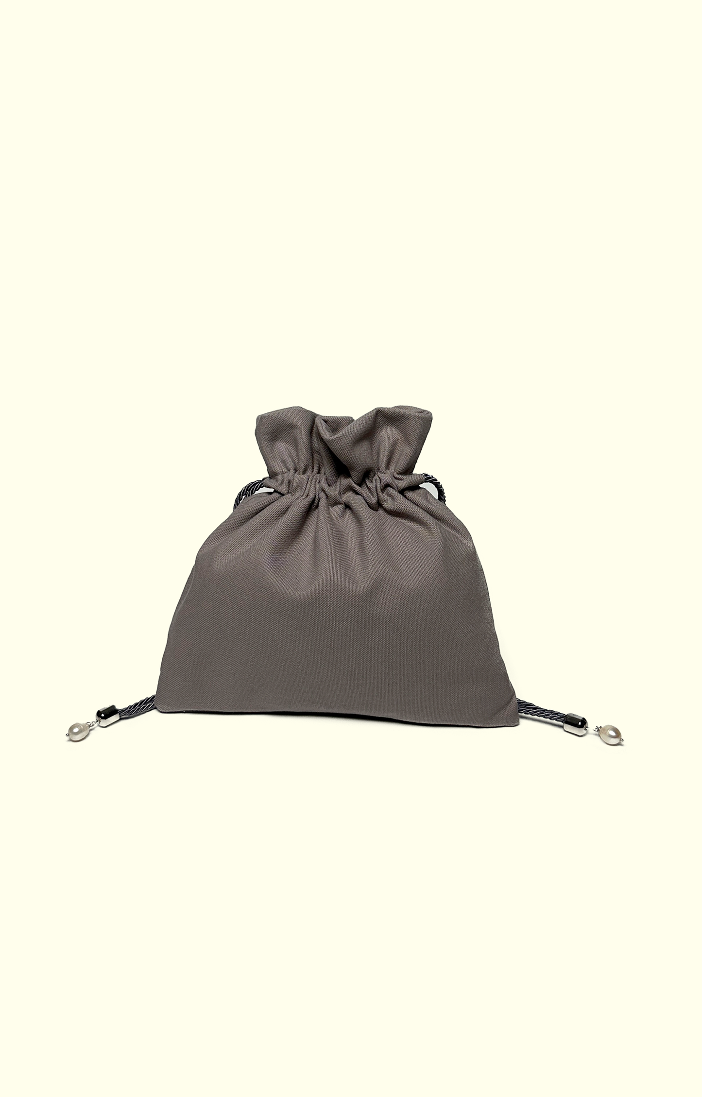 Gray drawstring bag on a white background