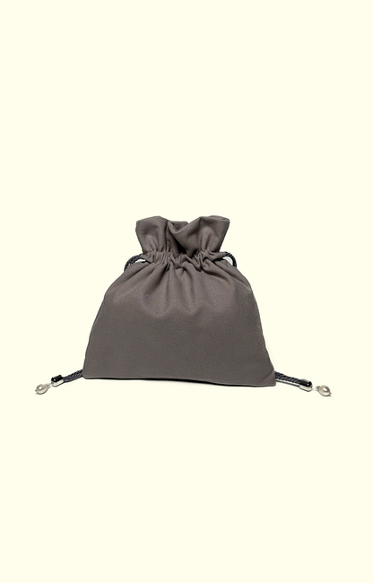 Gray drawstring bag on a white background