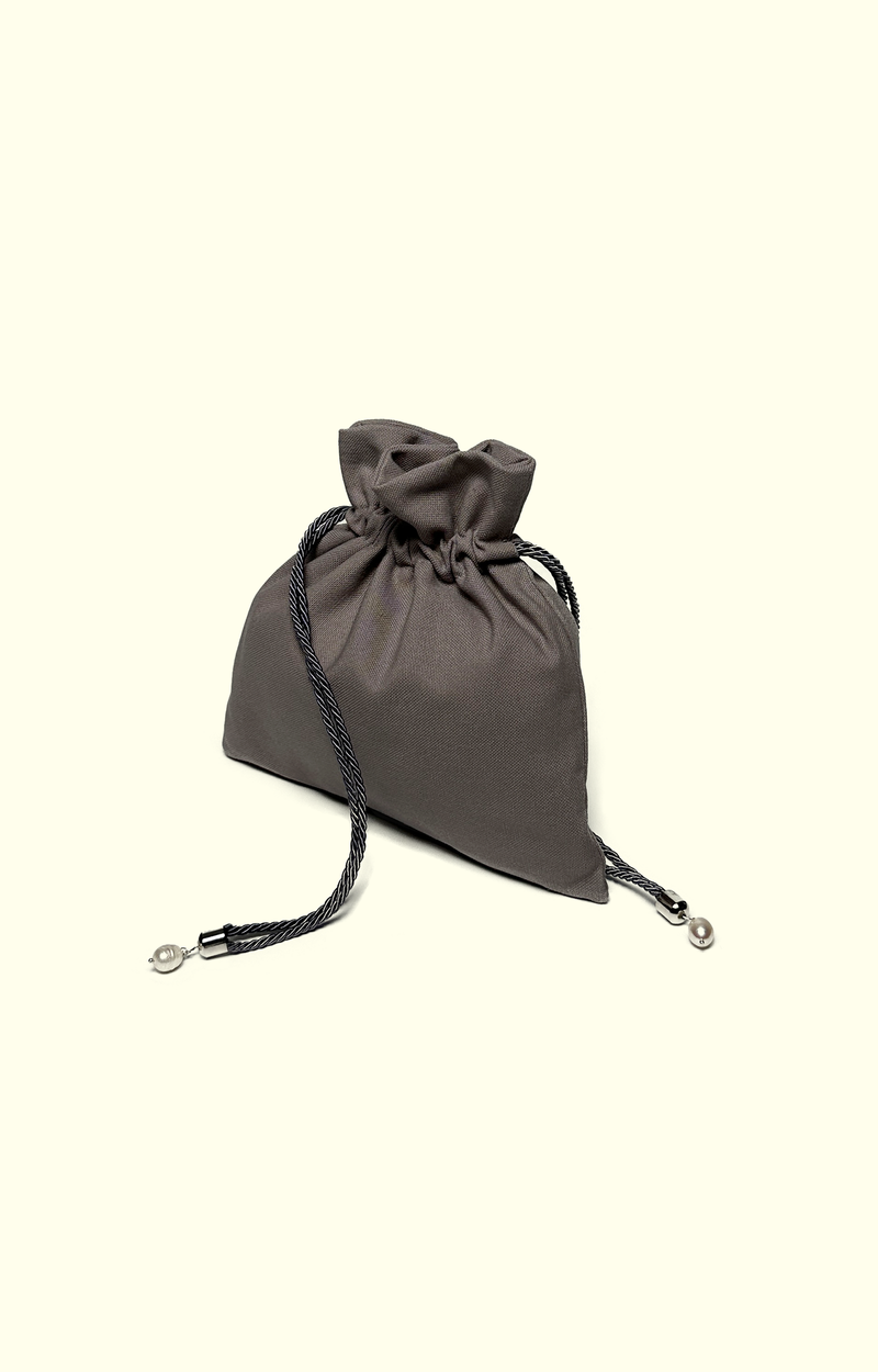 Gray drawstring bag on a white background
