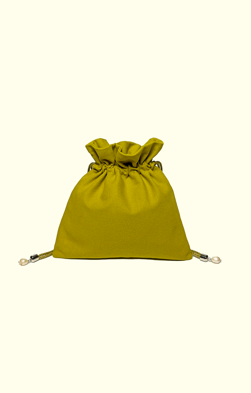 Yellow drawstring bag on a white background