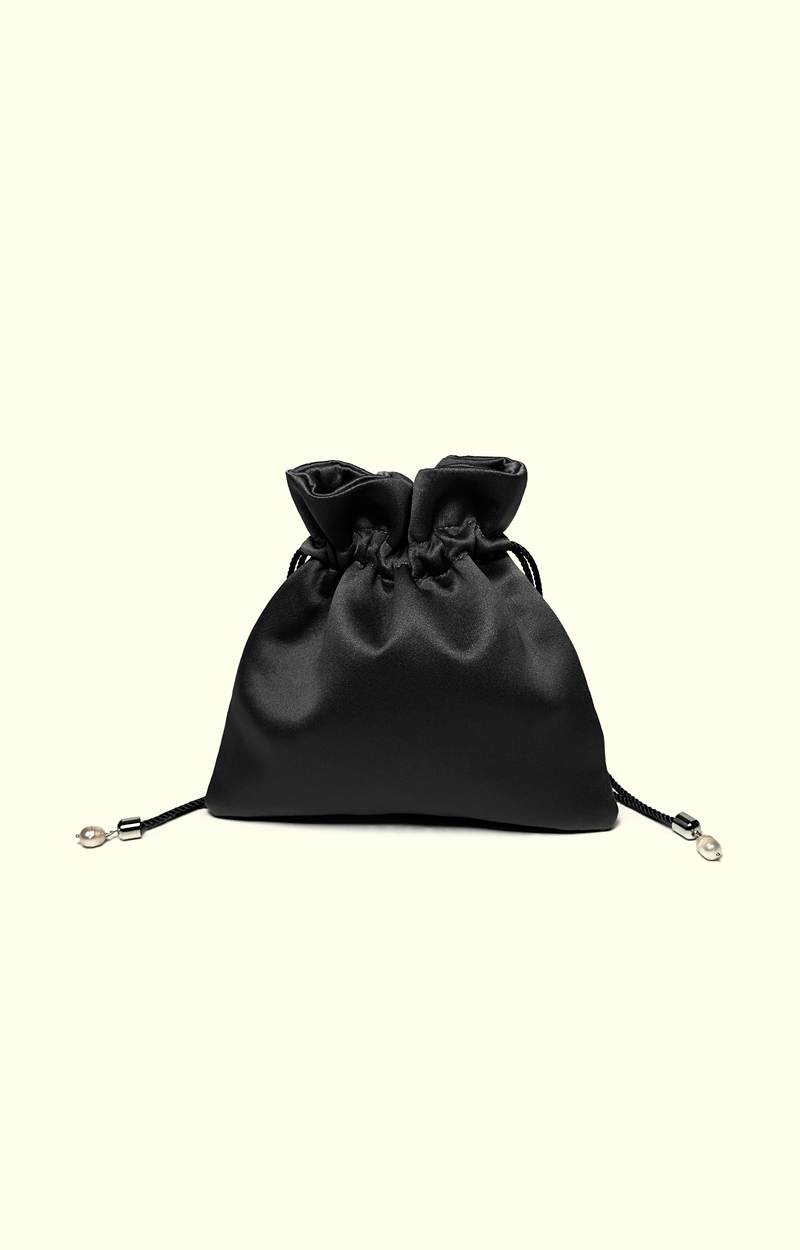 Black satin drawstring pouch on a white background