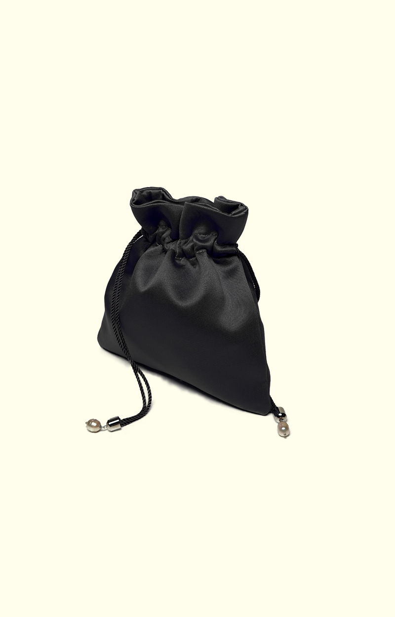 Black satin drawstring pouch on a white background