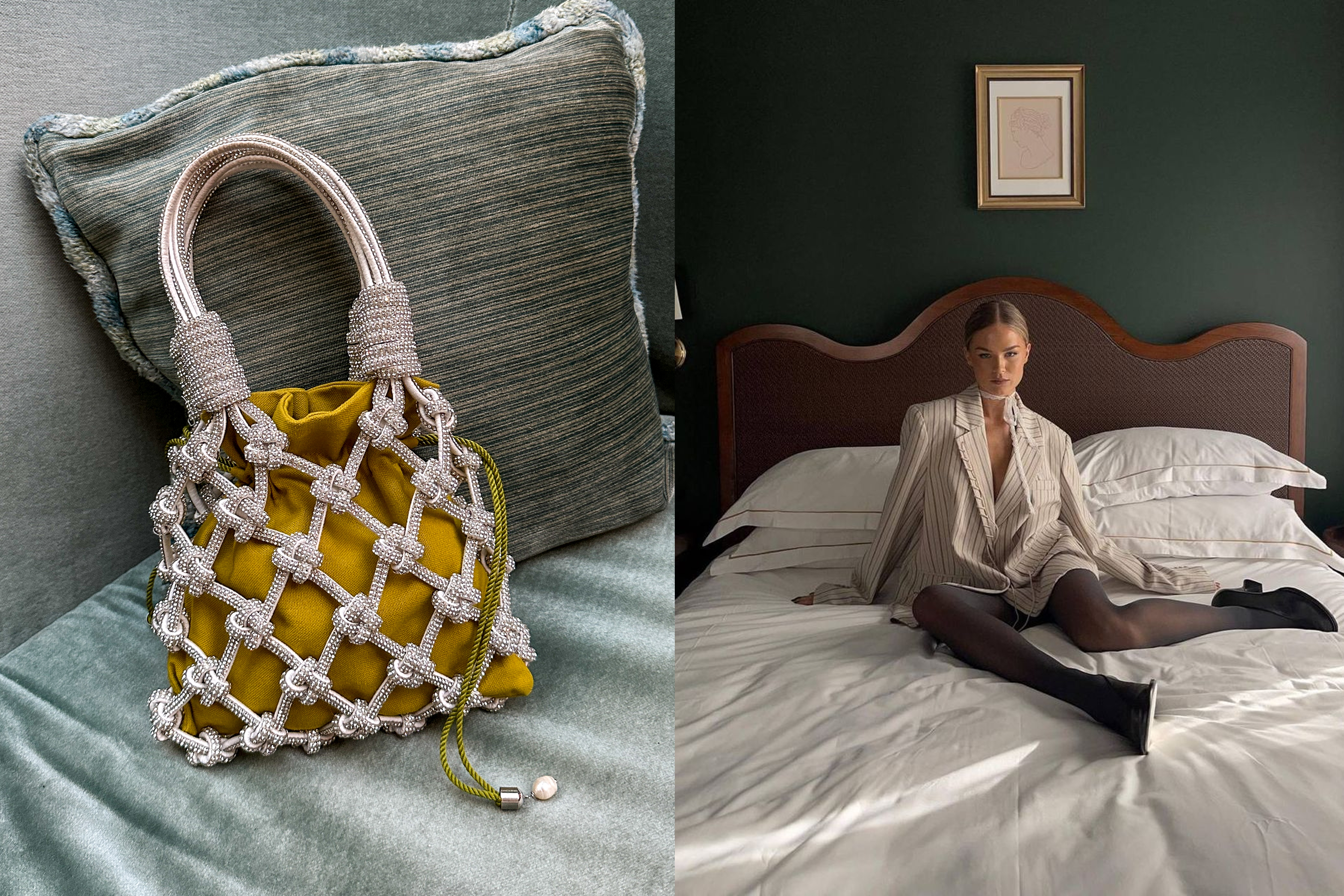 Yellow bag with knitted handle on a gray pillow and a person sitting on a bed in a dimly lit room.